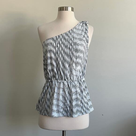Banana Republic Factory One Shoulder Blouse Elastic Waist Abstract Stripe S - Picture 1 of 9